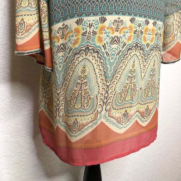 Soft Surroundings yellow orange blue beaded sheer tunic top size Extra Large XL - Picture 14 of 16